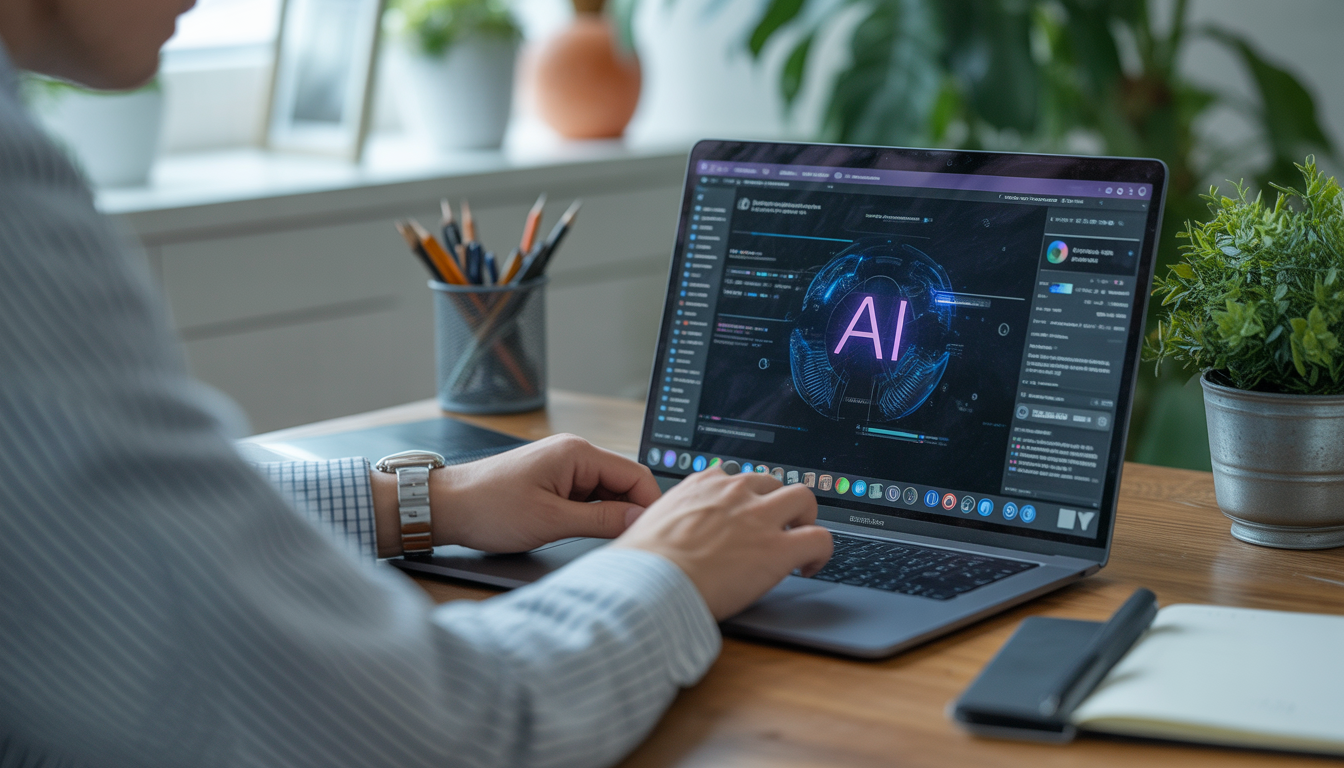 Writer using AI writing tools on a laptop to create content faster and more efficiently