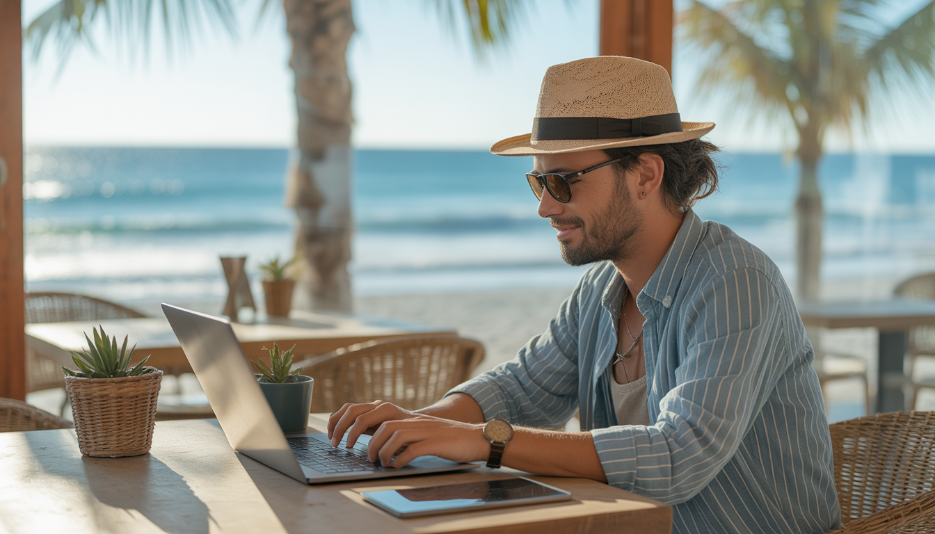 Digital nomad working remotely with AI tools on a laptop