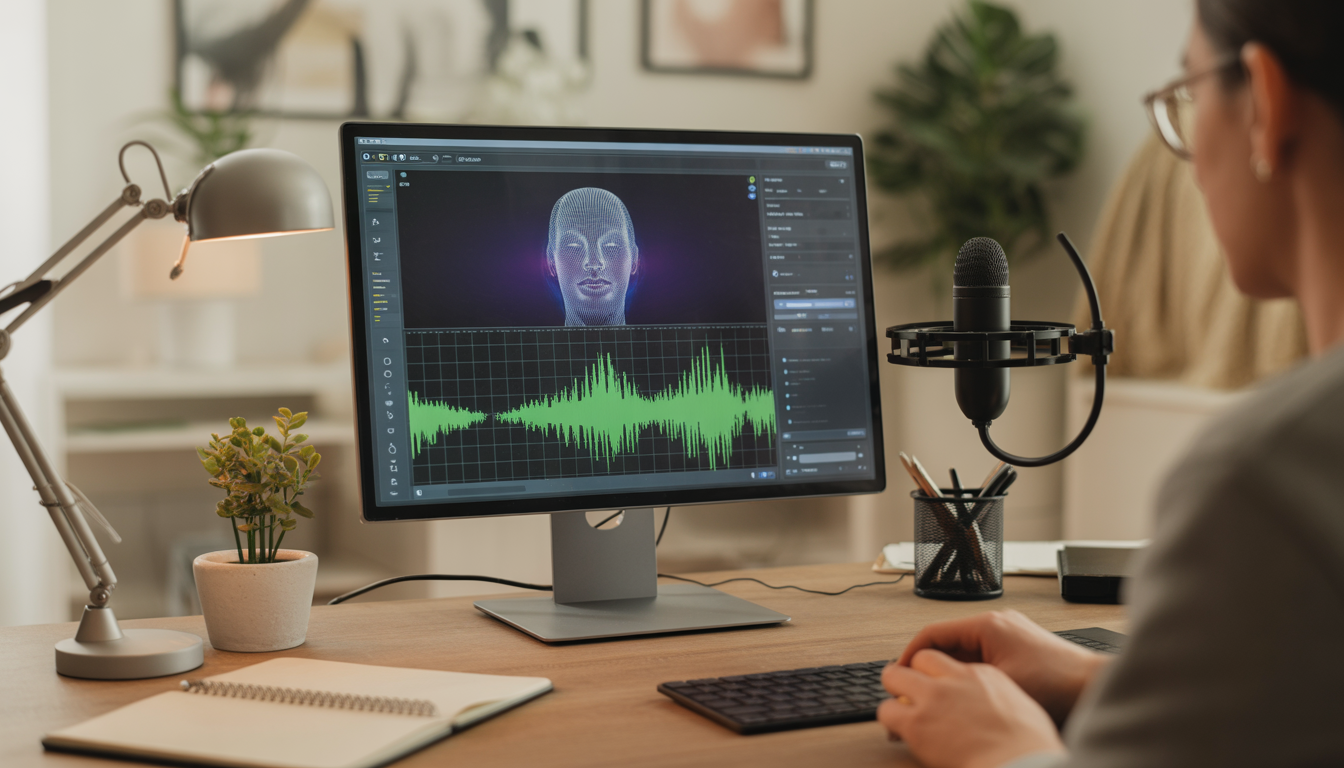 Content creator generating voiceover using AI voice generator software