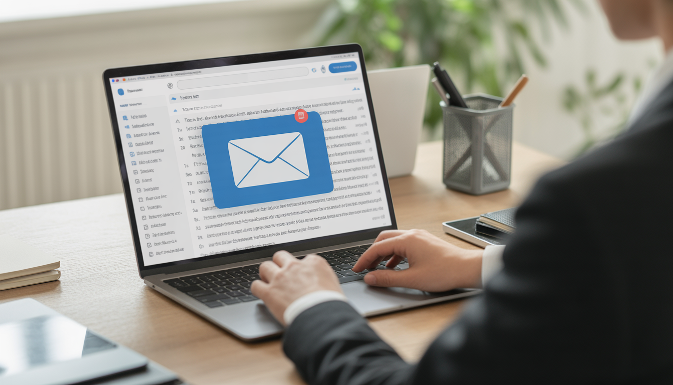 Professional using AI email assistant on laptop to write emails faster