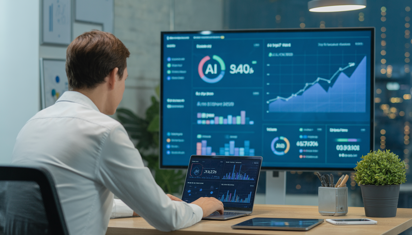 Small business owner using AI tools to manage operations on a laptop