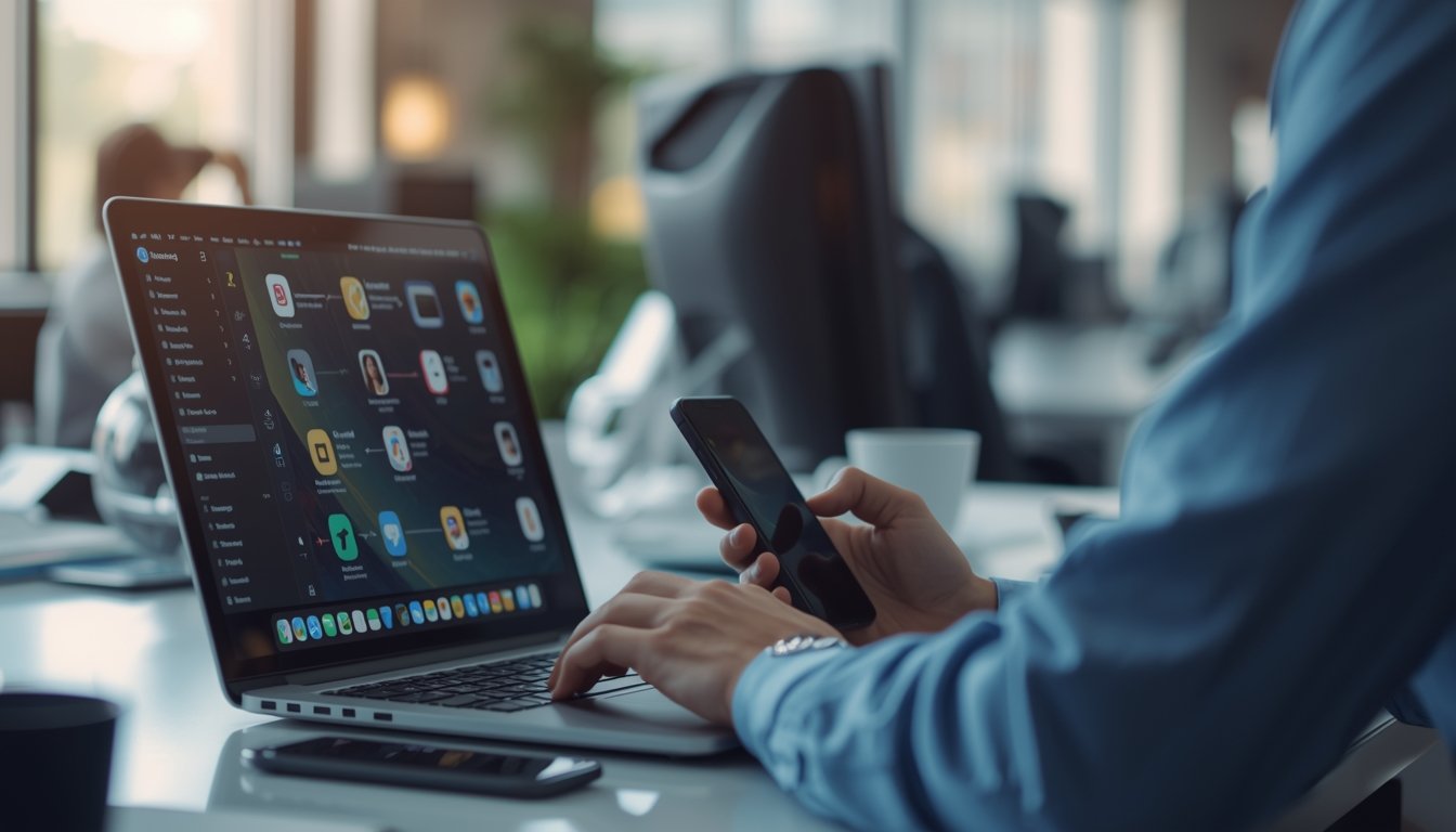 Busy professional using productivity apps to organize tasks and manage time efficiently