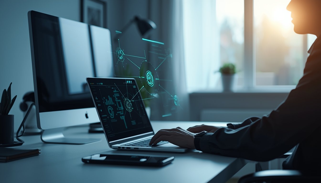 Remote professional using AI tools on a laptop to boost productivity