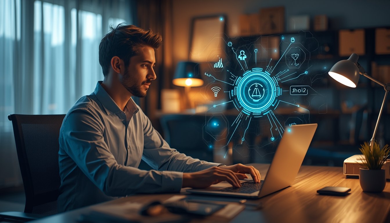 Freelancer using AI tools on laptop in a home office