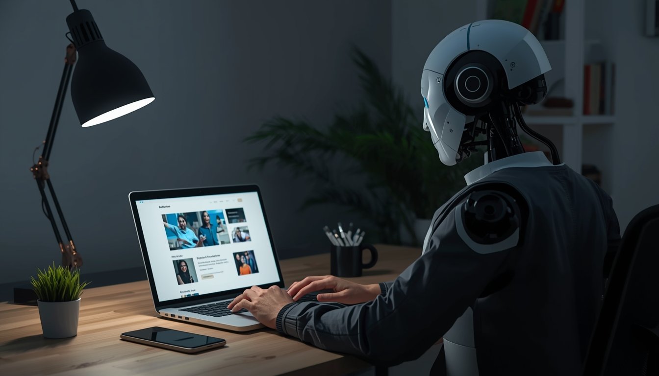 Entrepreneur building website using AI website builder on laptop