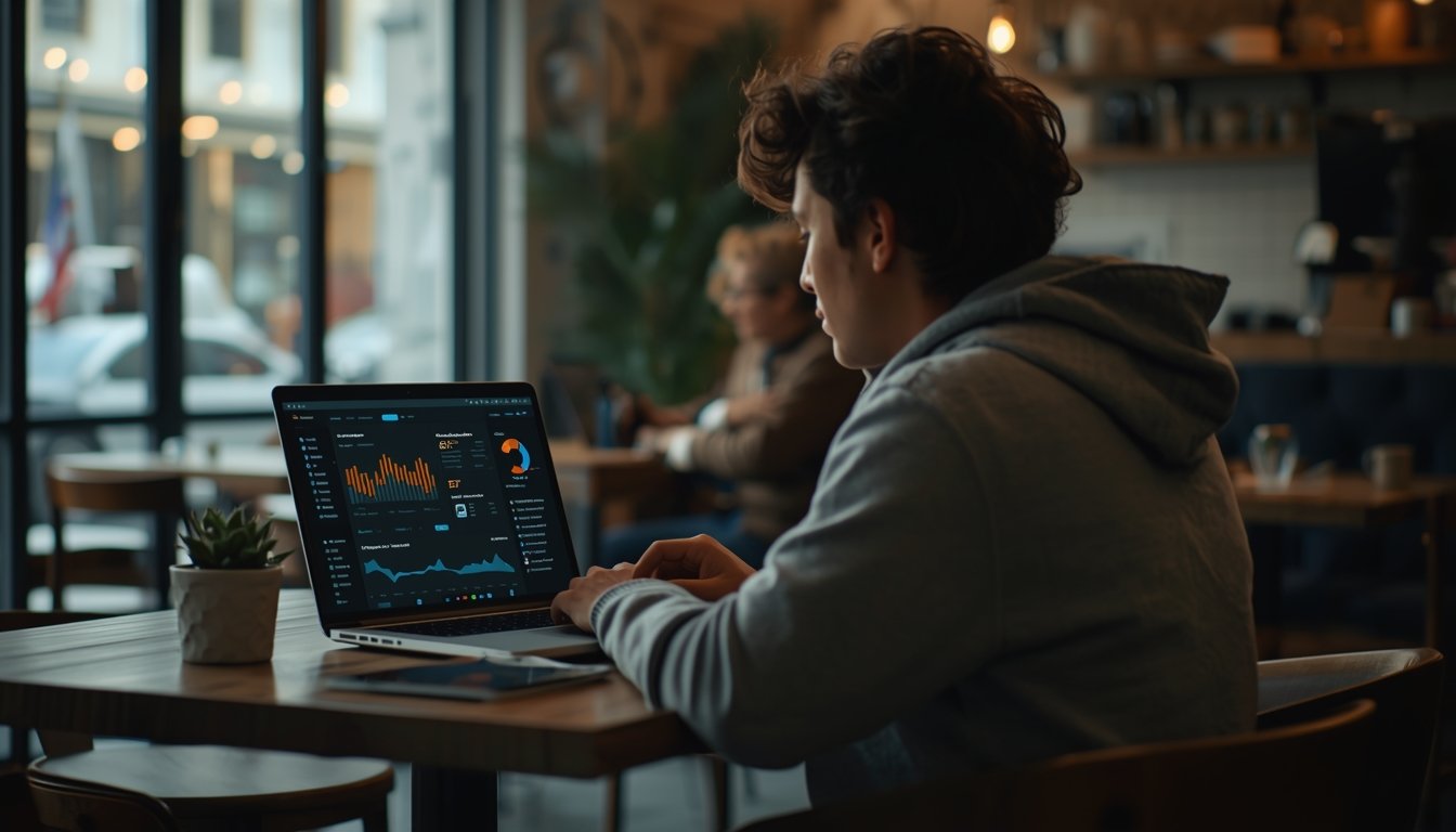 Digital nomad using AI tools on a laptop while traveling