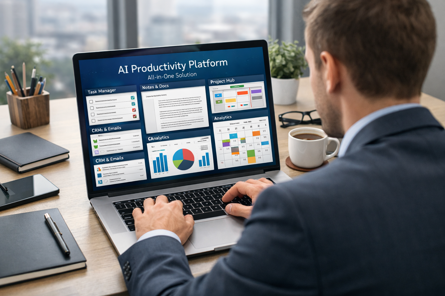 Professional using AI productivity tool on laptop to replace multiple apps and simplify workflow