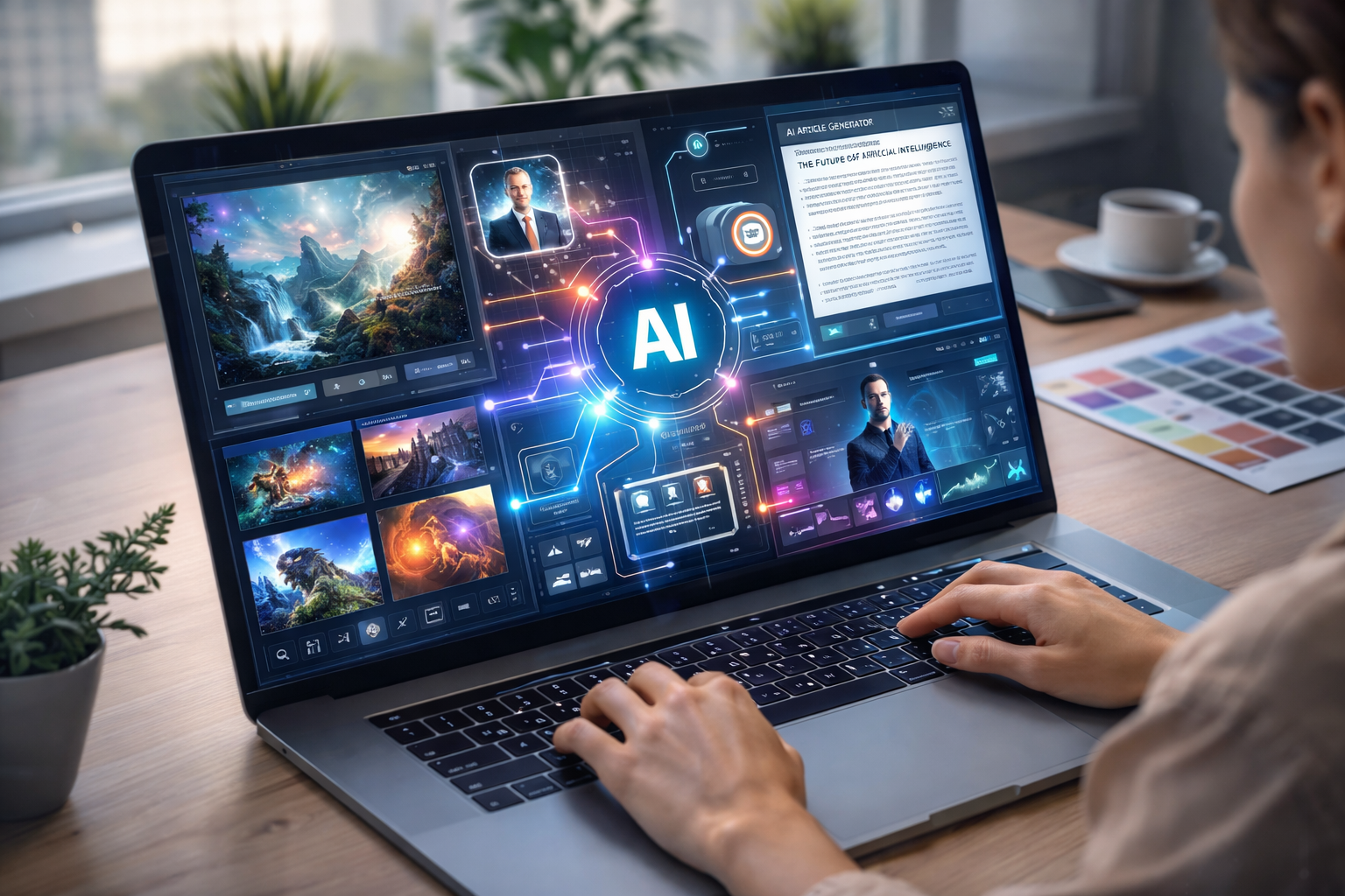 Professional exploring futuristic AI tools on laptop