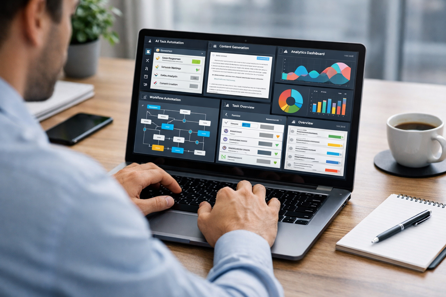 Professional using AI tools on laptop to automate and replace daily work tasks