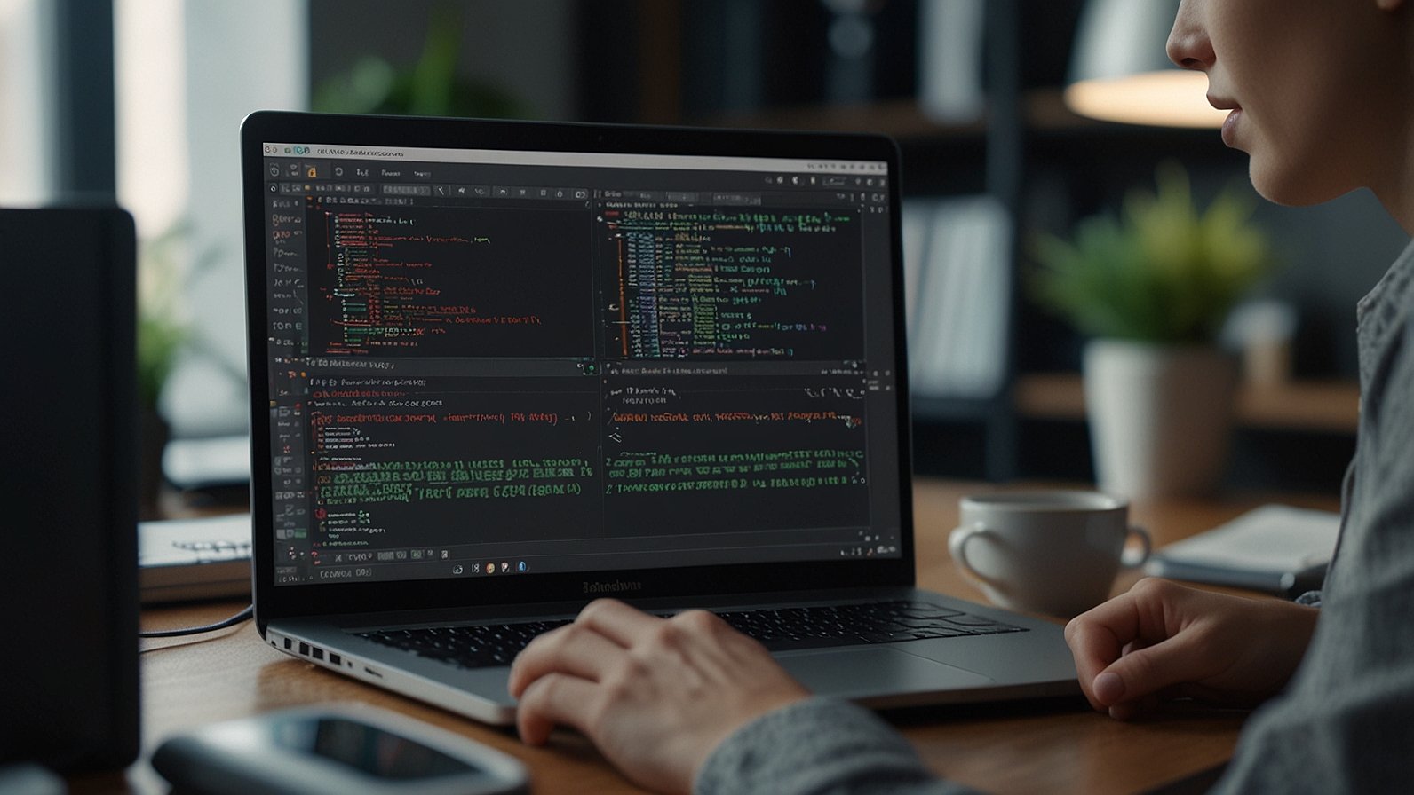 Developer using AI coding assistant on laptop to write and optimize code faster