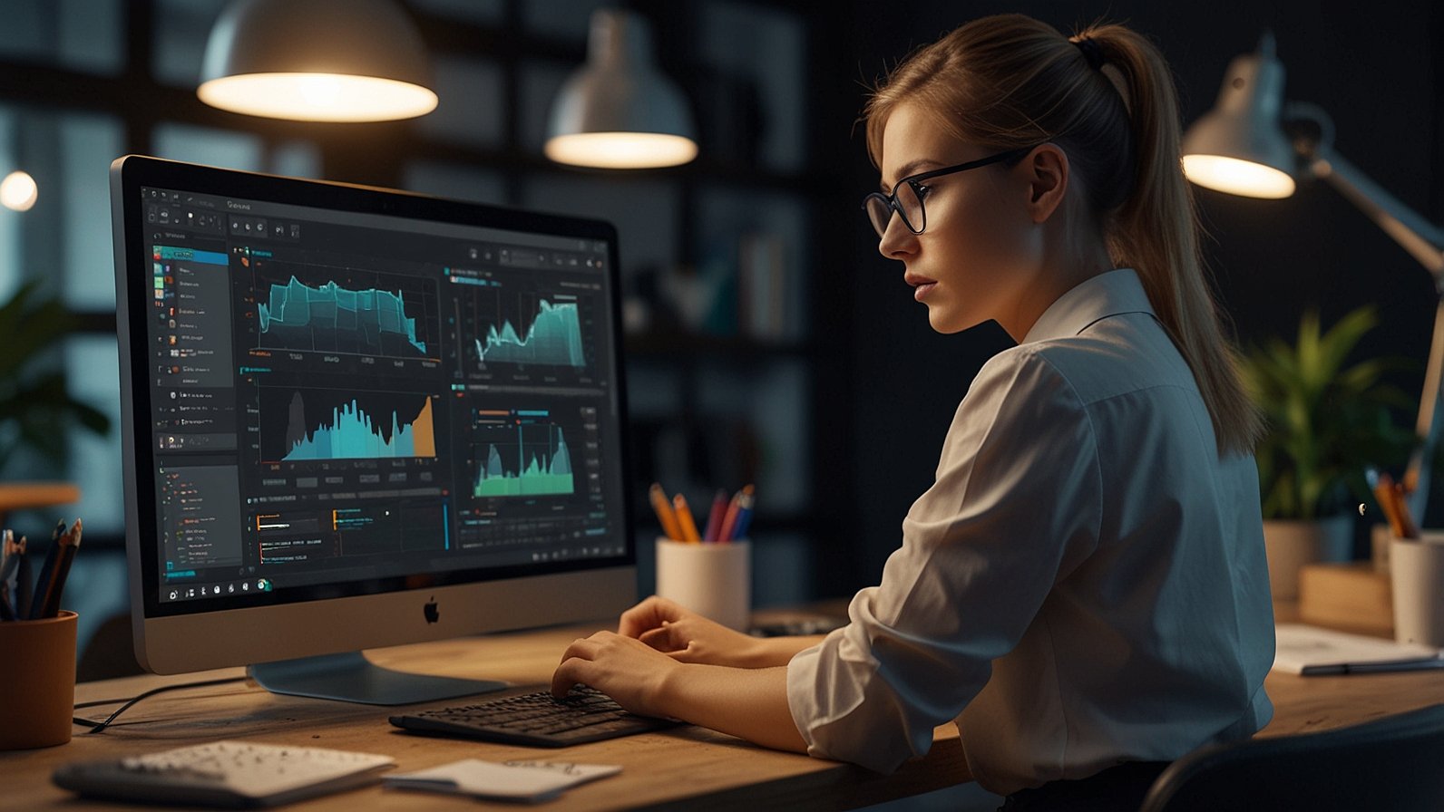 Graphic designer using AI design software on laptop to create digital visuals