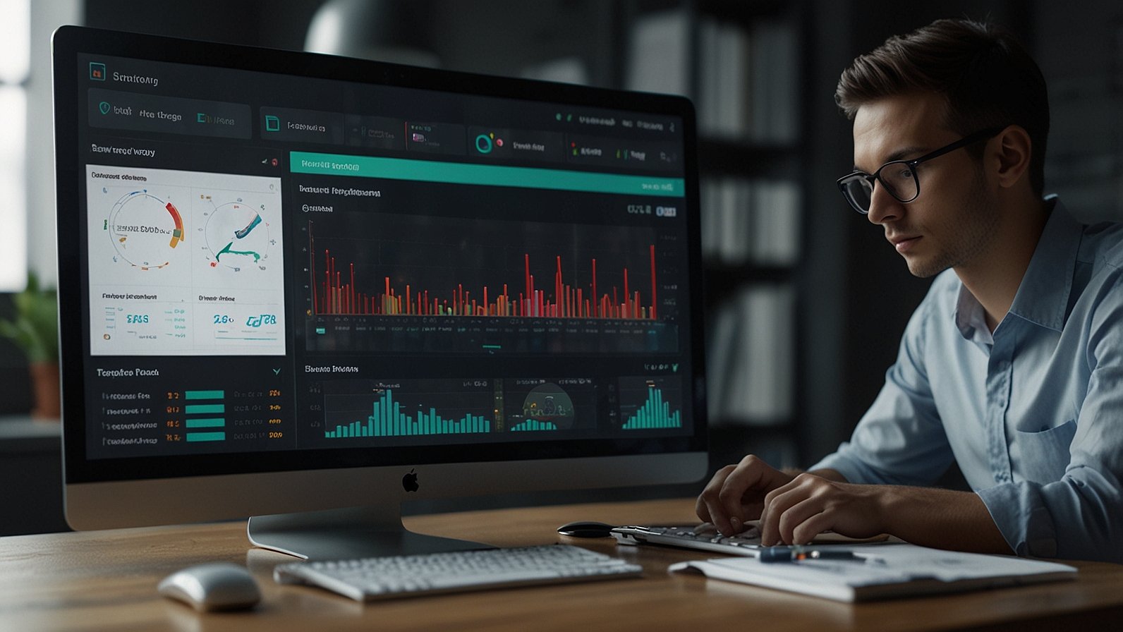 Professional managing tasks using AI productivity software on laptop