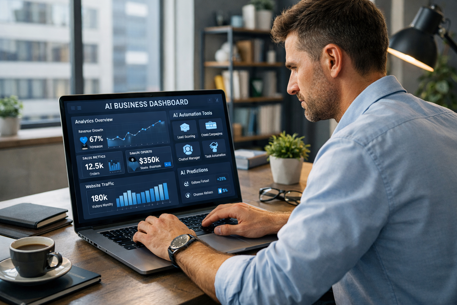 Entrepreneur analyzing AI business dashboard on laptop to grow online business