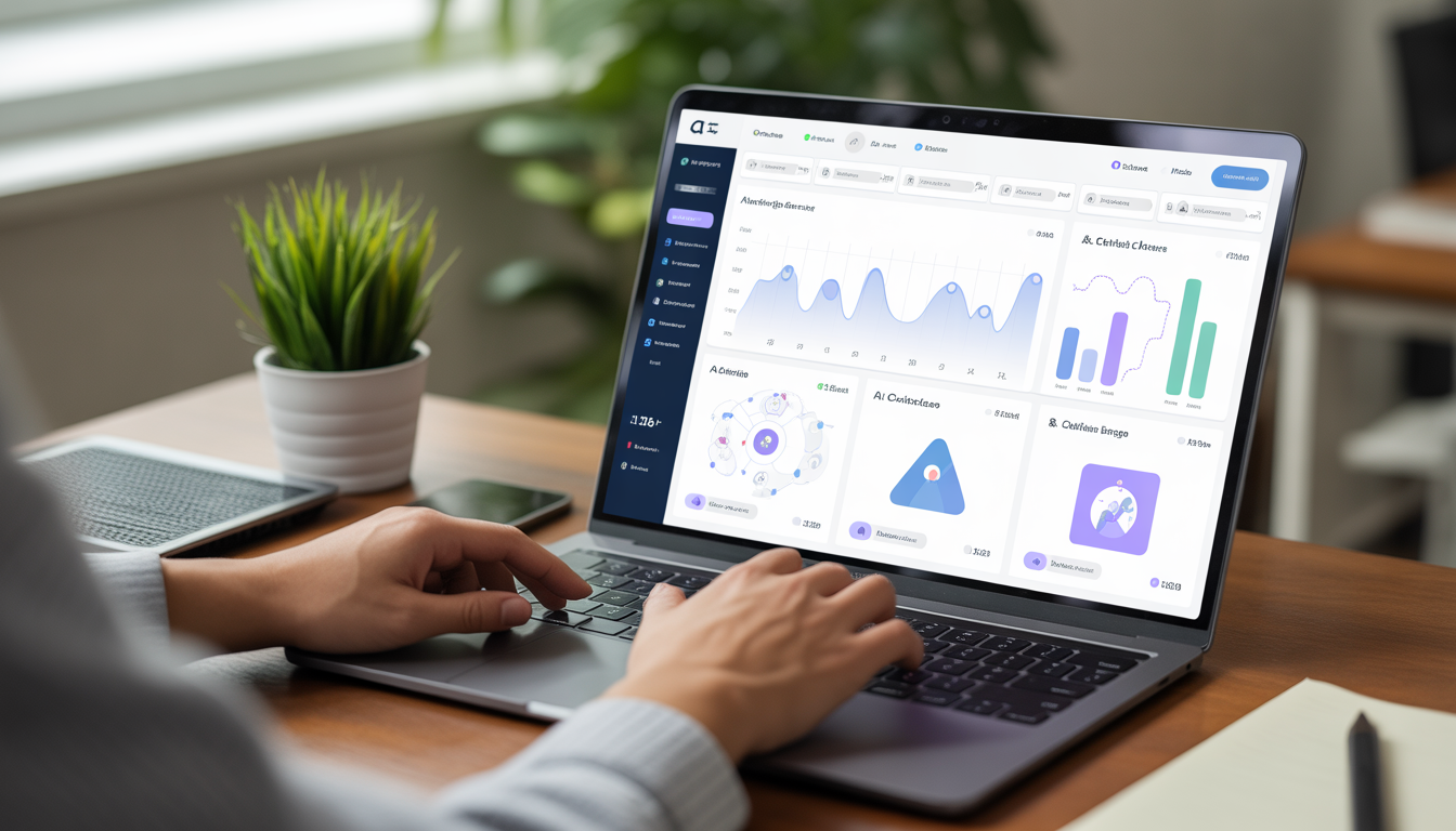 Marketer analyzing AI marketing dashboard with campaign analytics