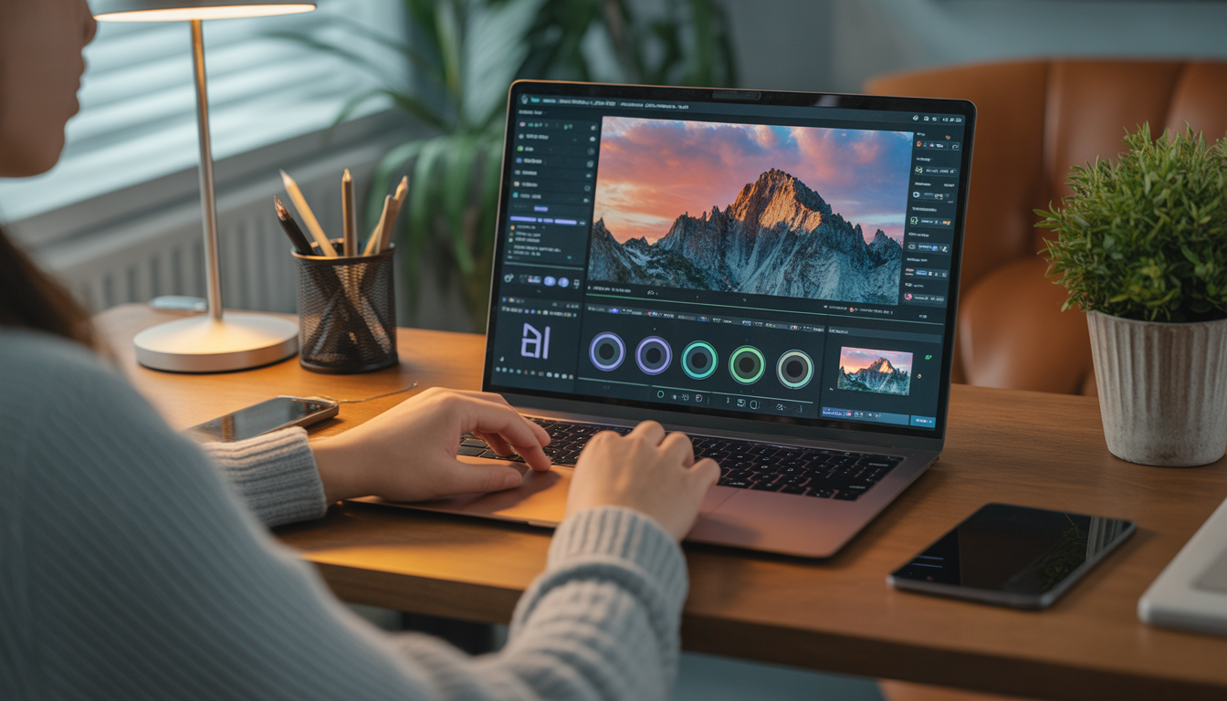 Content creator producing video using AI video generator software