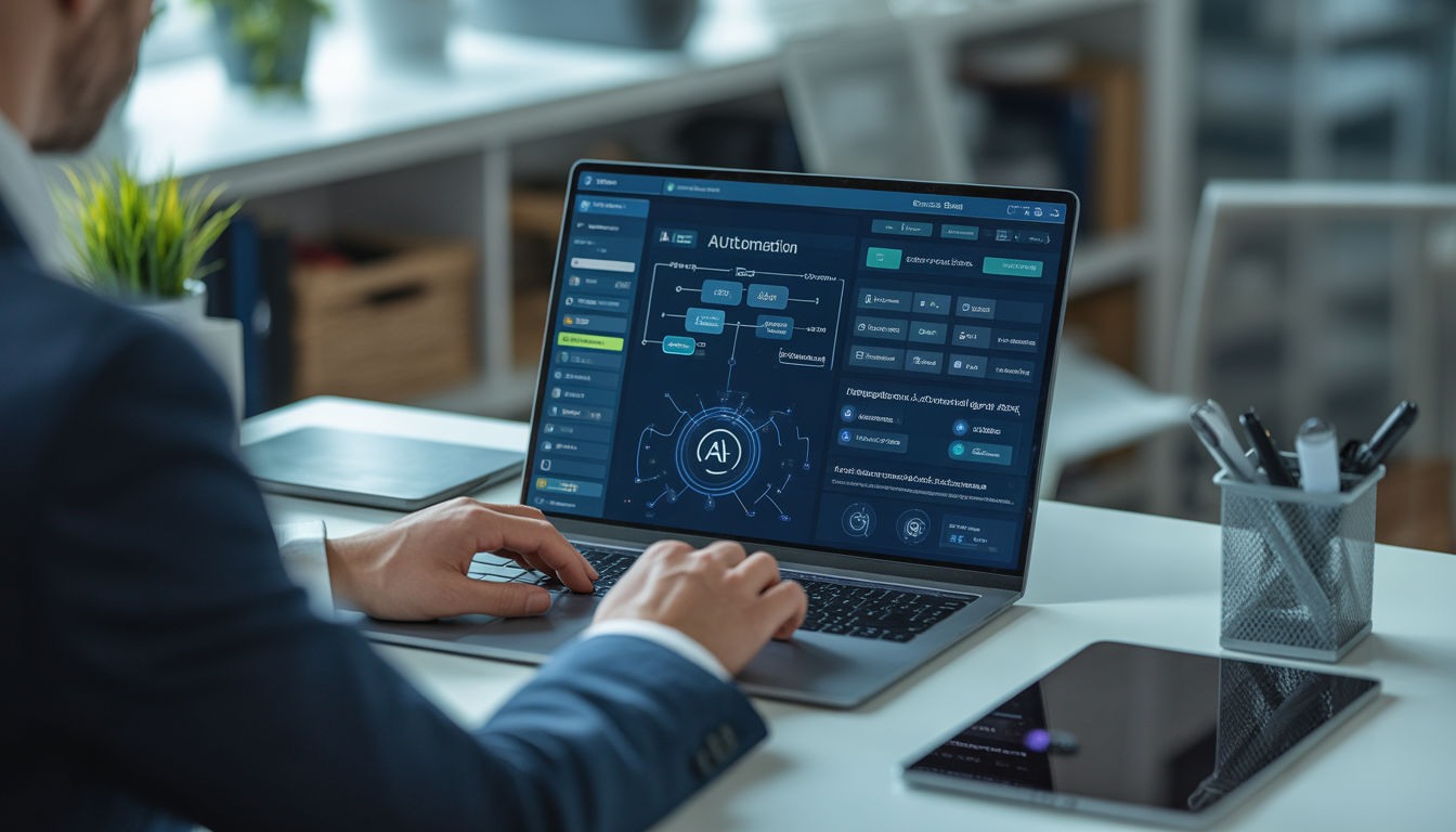 Business professional using AI automation dashboard on laptop