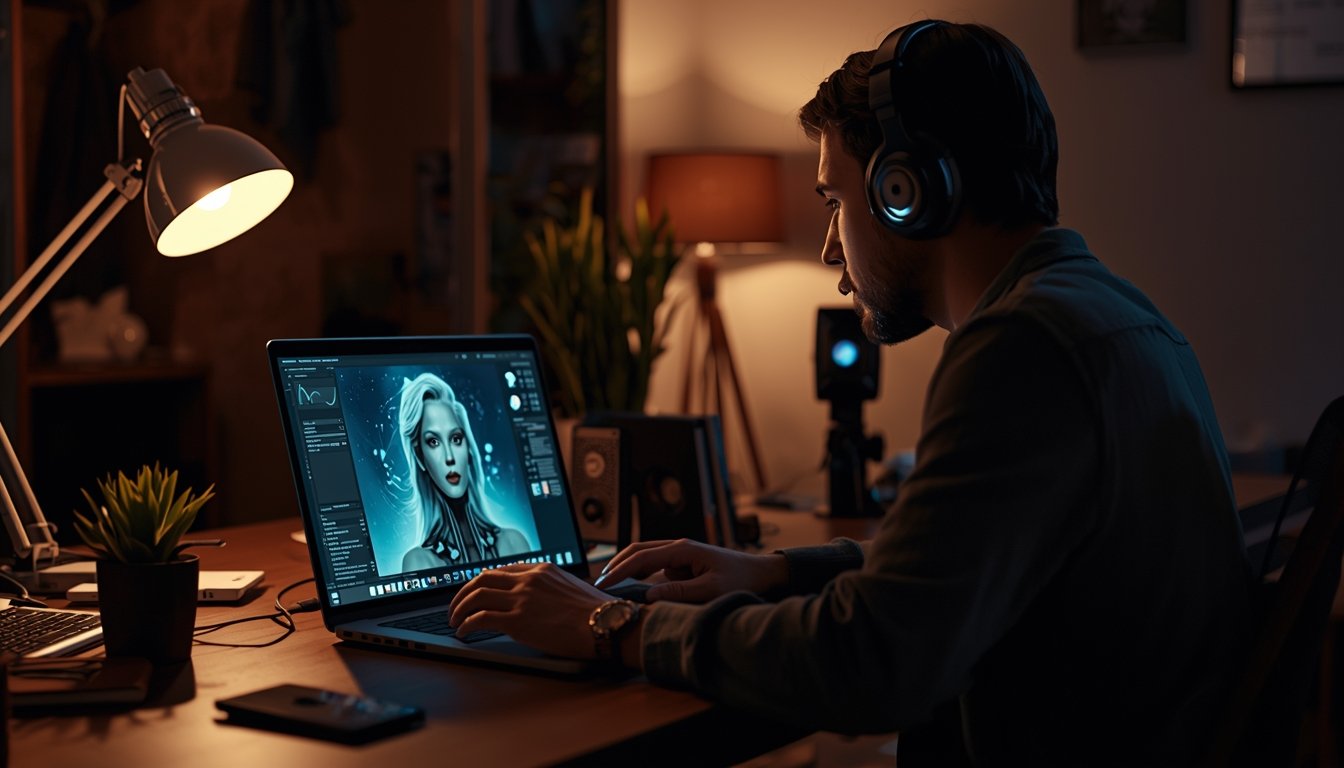 Designer creating digital artwork using AI image generator on laptop