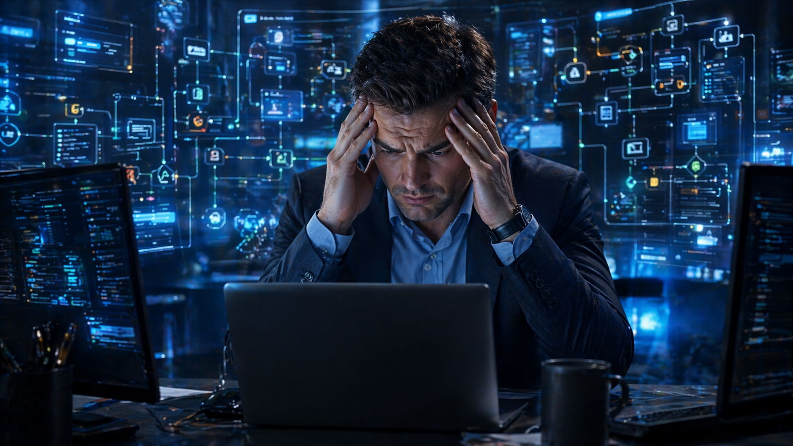 Professional overwhelmed trying to manage multiple AI automation systems and workflows.