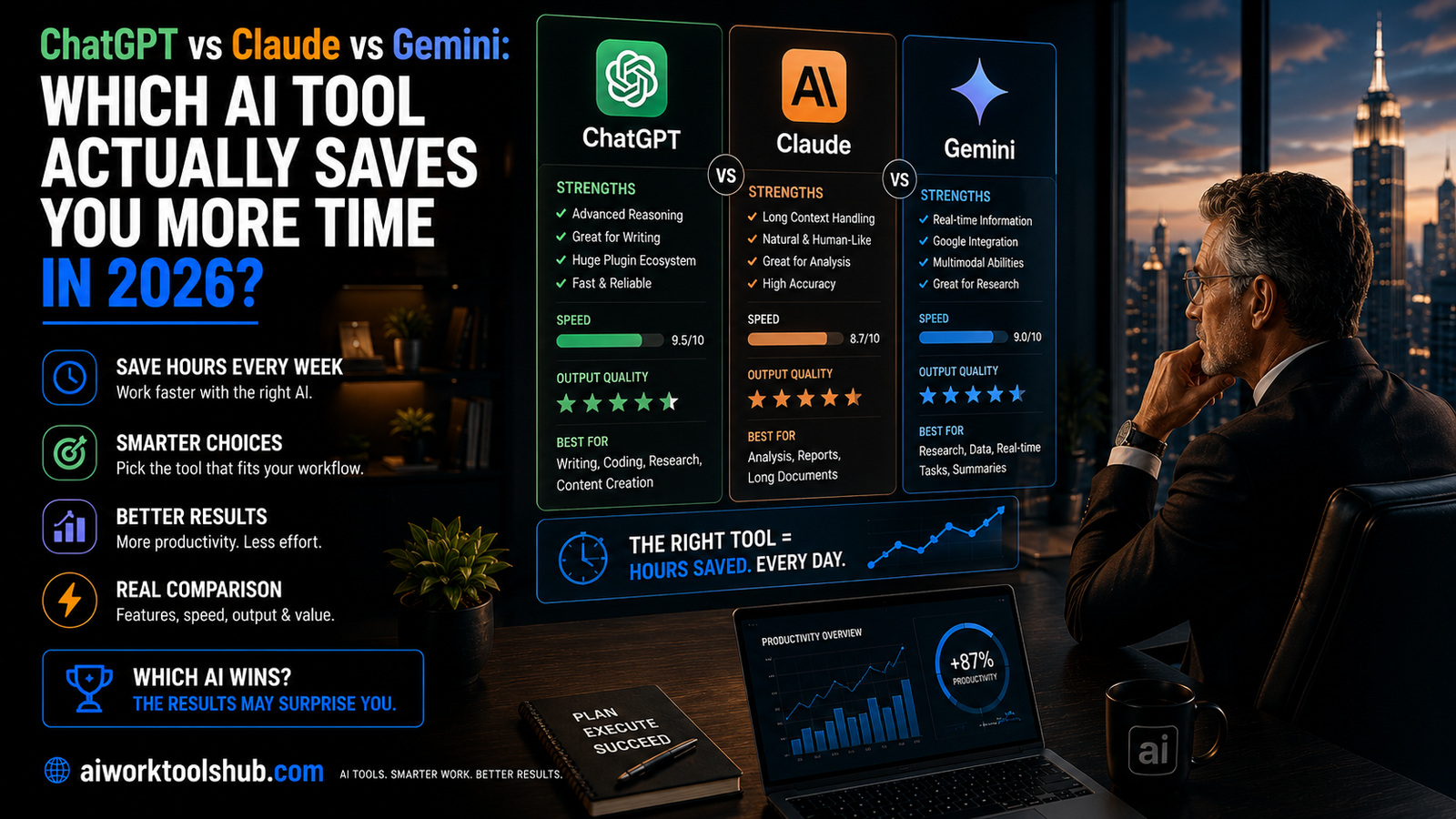 Comparison between ChatGPT, Claude, and Gemini AI assistants for productivity and business in 2026