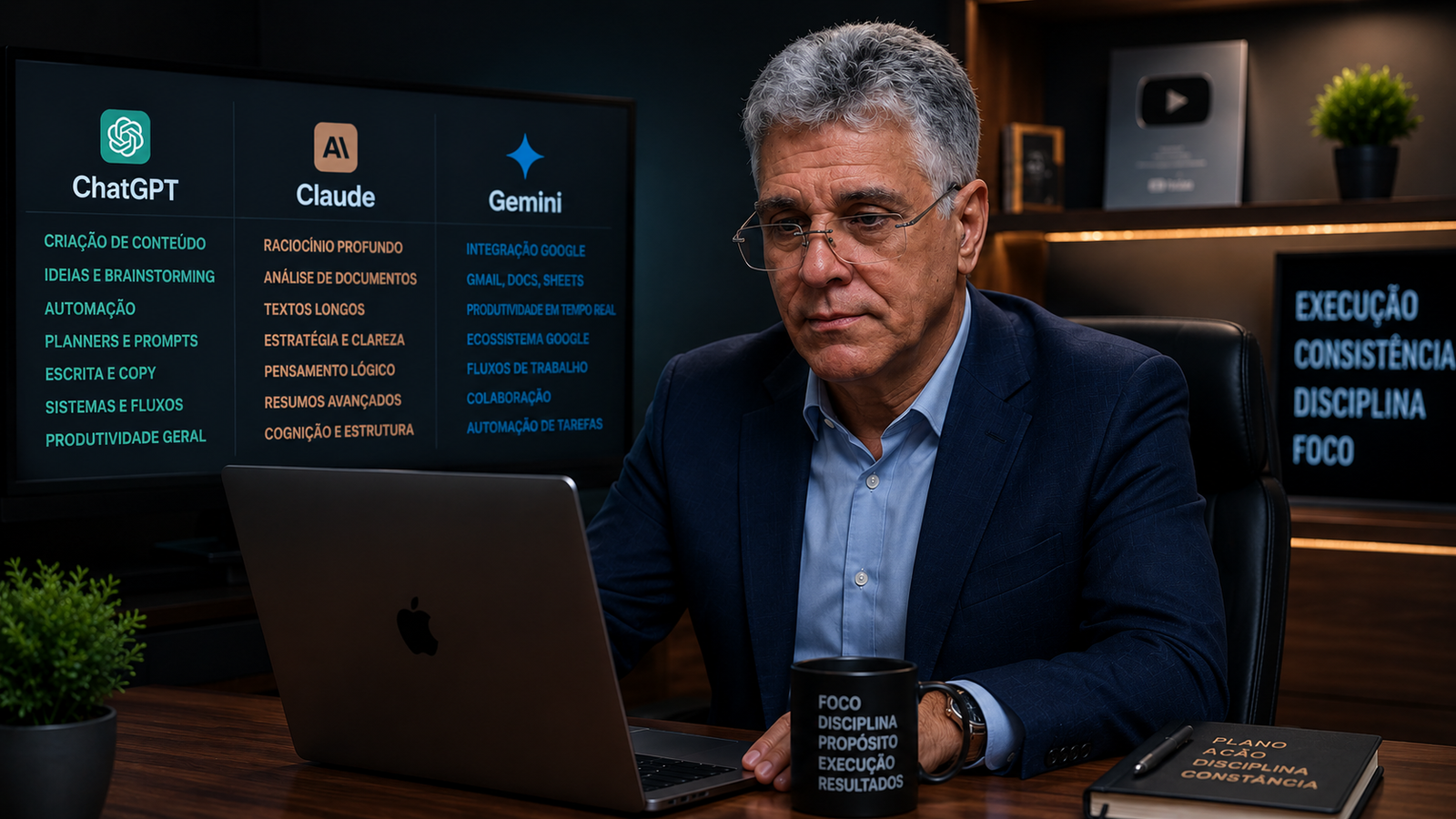 Professional businessman comparing ChatGPT, Gemini and Claude in a futuristic office with holographic AI dashboards